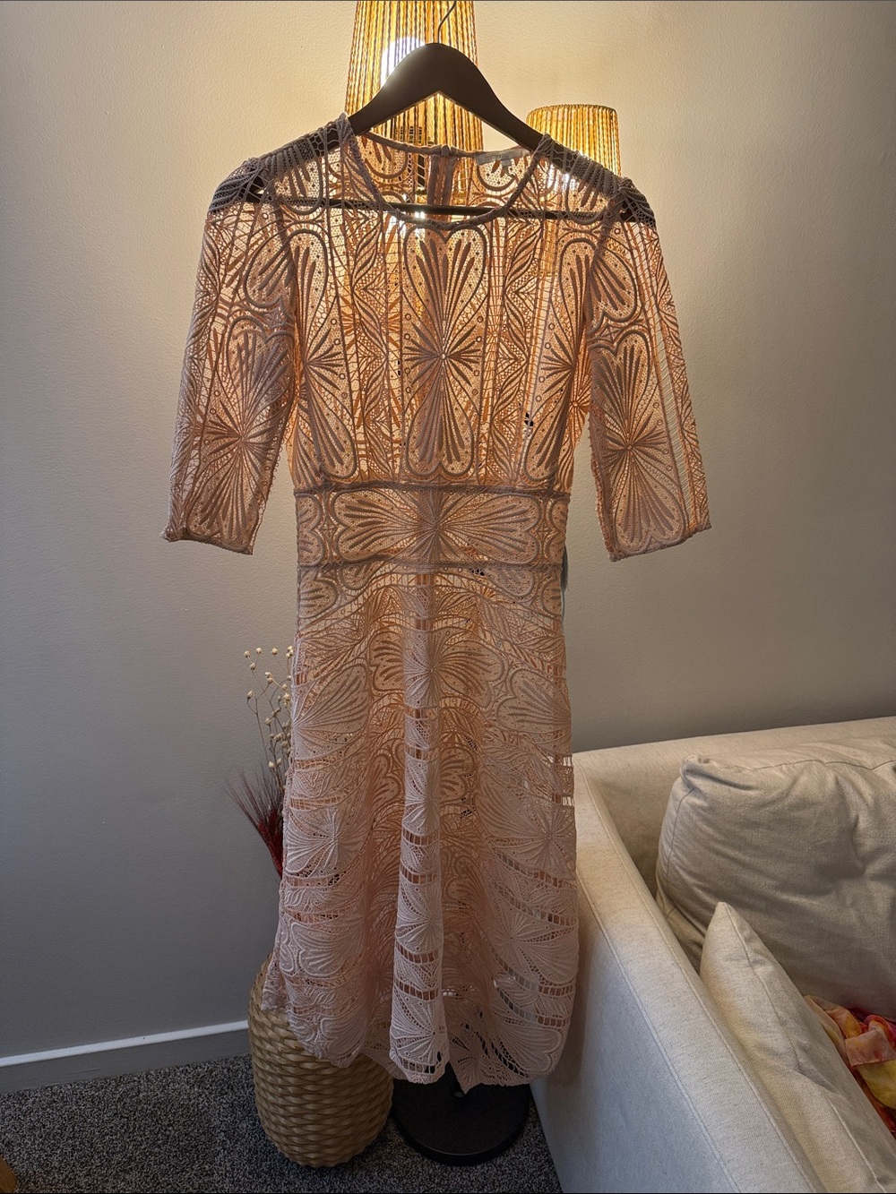 Maje Blush Pink Embroidered Lace Midi Dress